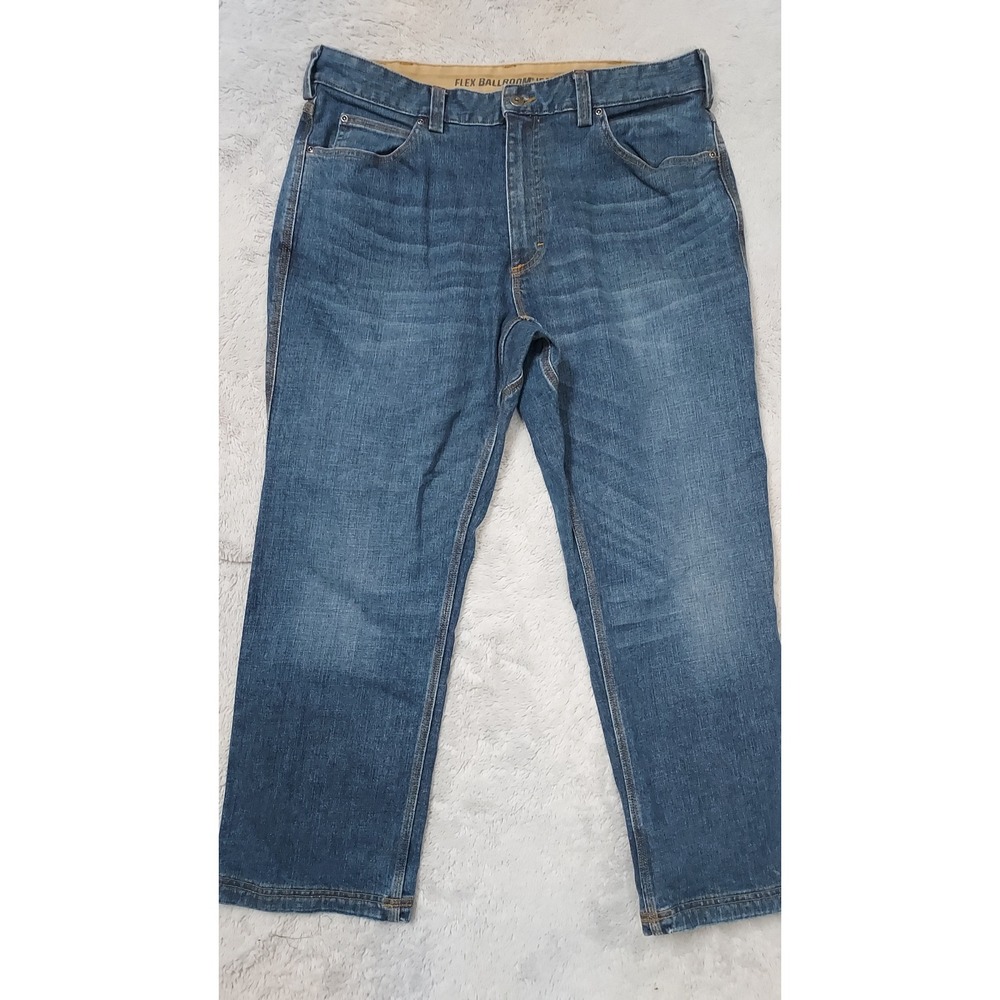 Duluth Trading Jeans Mens 37x28 Flex Ballroom Relaxed Fit Dark Wash Blue Denim
